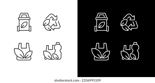 Plastic waste recycling pixel perfect linear icons set for dark, light mode. Garbage reusing. Refusing industry. Thin line symbols for night, day theme. Isolated illustrations. Editable stroke
