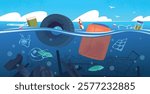 Plastic waste in sea. Floating garbage underwater polluted ocean water, marine trash harm environment ecosystem litter dump dirty river rubbish landscape classy vector illustration original artwork