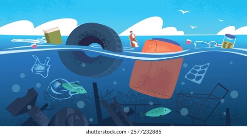 Plastic waste in sea. Floating garbage underwater polluted ocean water, marine trash harm environment ecosystem litter dump dirty river rubbish landscape classy vector illustration original artwork