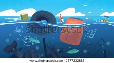 Plastic waste in sea. Floating garbage underwater polluted ocean water, marine trash harm environment ecosystem litter dump dirty river rubbish landscape classy vector illustration original artwork