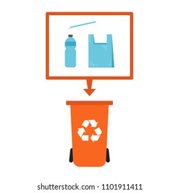 Plastic waste segregation concept. Orange waste bin. Recycling trash