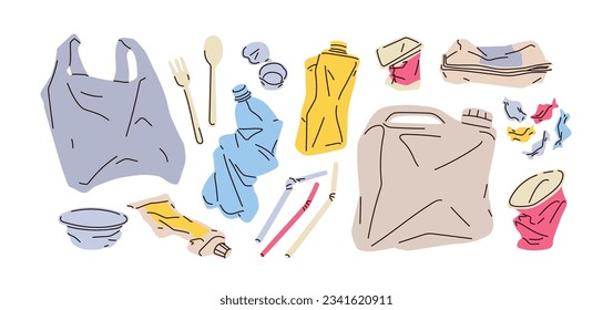 Plastic waste set. Compressed squeezed trash, garbage. Used wrinkled package, empty containers, bag, bottle, tank, cup and straw rubbish, litter. Flat vector illustrations isolated on white background