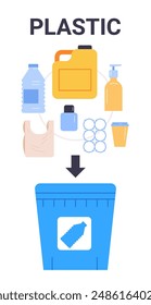 Plastic waste sorting concept illustration Various plastic items including bottles containers and bags with arrow pointing to blue recycling bin