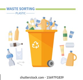 Plastic waste sorting - modern cartoon people characters illustration. A colorful composition with recyclable litter, water and household cleaners bottles and a special orange bin. Eco lifestyle theme