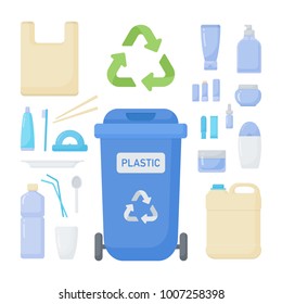 Plastic waste sorting vector flat icon set, Big collection of flat design of plastic trash recycling, rubbish and waste container isolated on the white background, cute vector illustration