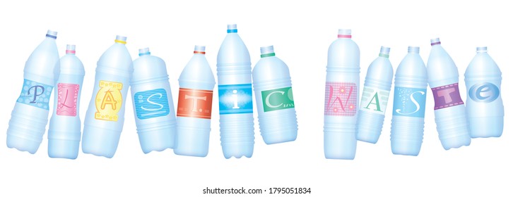 Plastic waste symbolized by bottles which make the word PLASTIC WASTE. Empty water bottles, symbol for excessive consumption and environmental pollution. Isolated vector illustration on white.
