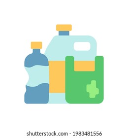 Icono de color plano del vector de residuos plásticos. Contaminación plástica. Materiales sintéticos. Productos de consumo. Contenedores y embalaje. Dibujo de dibujos animados para aplicaciones móviles. Ilustración RGB aislada