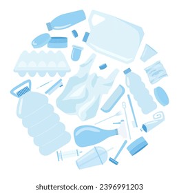 Plastic waste vector flat style set. Plactic trash elements in circle set.