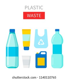 Plastic waste vector illustration. Home stuff - water bottle, cup, tube, package, canister. Recycling ecology problem isolate on white background objects collection. 