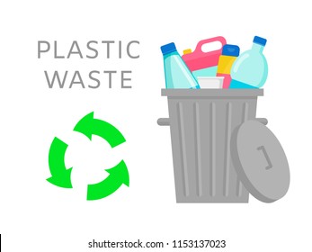 Plastic waste vector illustration. Home stuff - water bottle, cup, tube, package, canister. Recycling ecology problem isolate on white background objects collection. 