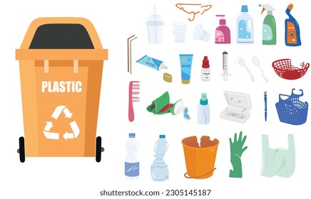 Plastic waste vector set.  Plastic garbage vector set. Waste sorting concept. Plastic products. Flat vector in cartoon style isolated on white background.