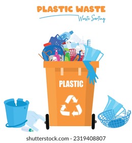 Plastic waste vector set.  Plastic garbage vector set. Waste sorting concept. Plastic products. Flat vector in cartoon style isolated on white background.  Trash. Rubbish.