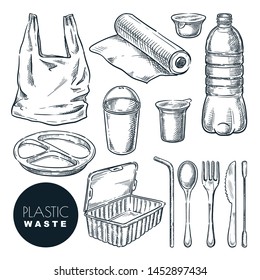 Plastic Waste, Vector Sketch Illustration. Hand Drawn Garbage And Trash Items, Isolated On White Background. Nonrecyclable Material And Goods Icons Set. Plastic Pollution Of Environment Concept.