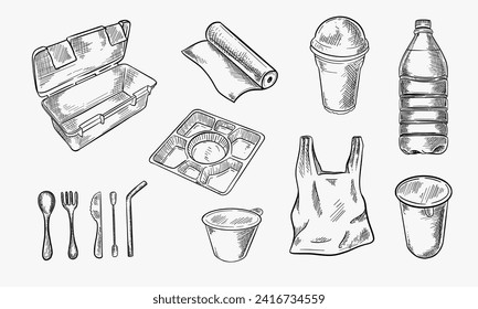 Plastic waste, vector sketch illustration. Hand drawn garbage and trash items, isolated on white background. Nonrecyclable material and goods icons set. Plastic pollution of environment concept.