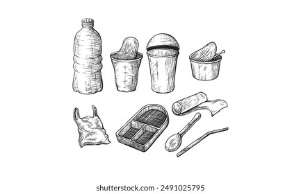 Plastic waste, vector sketch illustration. Hand drawn garbage and trash items, isolated on white background. Nonrecyclable material and goods icons set. Plastic pollution of environment concept.