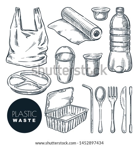 Plastic waste, vector sketch illustration. Hand drawn garbage and trash items, isolated on white background. Nonrecyclable material and goods icons set. Plastic pollution of environment concept.