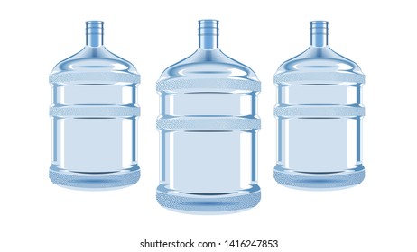 Plastic water blue bottle, container for cooler isolated on white background. Realistic transparent detailed vector, illustration.