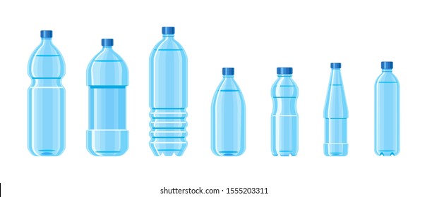 Plastic water bottle blue color set containers of different capacities large-small tare, pump bottle. Healthy aqua bottles clean water for drinking. Template bottles delivery water service vector svg