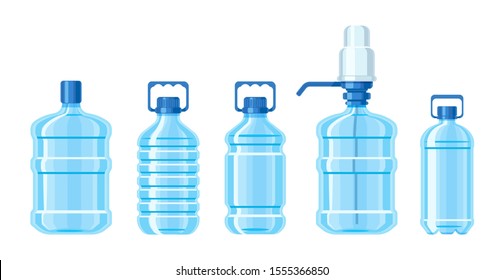 Plastic water bottle blue color set containers of different capacities large-small tare. Healthy aqua bottles clean water for drinking. Template bottles for advertisement delivery water service vector