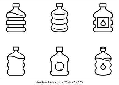 Botella de agua de plástico. Limpie el manantial o el agua purificada. Icono de contorno de botella de plástico fijado en fondo blanco