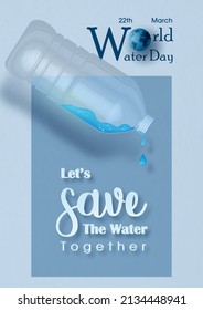 Botella de agua plástica con gotitas en 3d estilo en el lema de la campaña del Día Mundial del Agua, el día y nombre del evento en el fondo del patrón de papel azul.