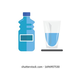 Plastic Water Bottle And Glass Flat Icon Set. Blue bottle and full glass of water over white background. Clean Water With Vector Design.
