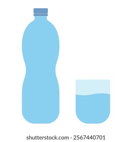 Plastic water bottle with glass vector icon. Drinkware symbol for hydration, eco-friendly design, and beverage packaging. Flat illustration isolated on white background.