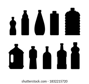 Plastic water bottle icon. Blue liquid container drink, bottle silhouette set. Water cartoon bottles