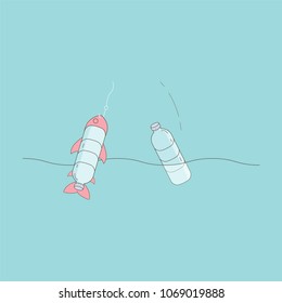 Plastic water bottle leading to plastic debris in the ocean, then are eaten by fish, passing those toxins on to us. Ocean plastic pollution concept. Vector illustration.