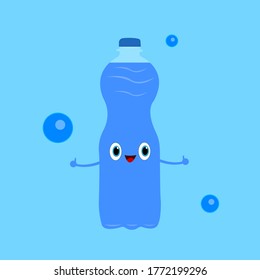 Plastic water bottle on a blue background A cute cartoon character with shiny eyes holds a thumbs up as a gesture of approval for the concept of drinks and liquid