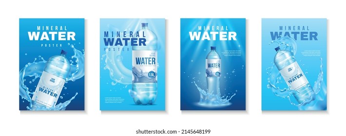 Plastic water bottle poster set with packaging for mineral water on blue background realistic vector illustration