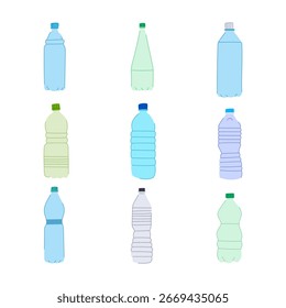Conjunto de botellas de agua de plástico de dibujos animados. medio ambiente de contaminación, residuos reutilizables, letrero de botella de agua de plástico de hidratación sin BPA. símbolo aislado Ilustración vectorial