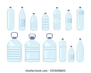 Botella de agua de plástico aislada sobre fondo blanco. Set de botellas de agua de diseño listo. Plástico de bebida, envase de vidrio, agua embotellada, almacenamiento de agua fría.