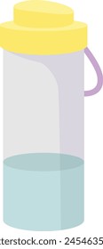 Plastic water bottle vector illustration featuring yellow lid. Clear water container graphics purple handle, flat design style. Isolated white background sport hydration equipment