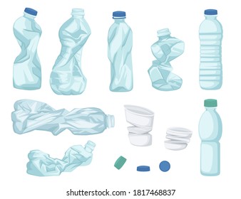 Набор пластиковых бутылок для воды из разных бутылок для мусора прозрачная пластиковая плоская векторная иллюстрация, изолированная на белом фоне
