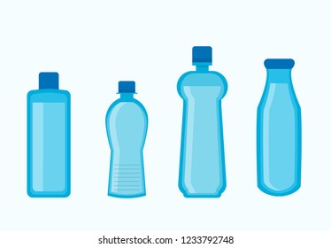 Plastic water bottles collection in blue color isolated on white.