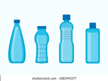 Colección de botellas de agua de plástico de color azul aisladas en blanco. Afiche vectorial en diseño plano de cuatro recipientes altos para líquidos de diversas formas y tamaños.  