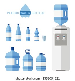 Plastic water bottles with cooler flat icons. Simple illustration with plastic cooler for water and different bottles.