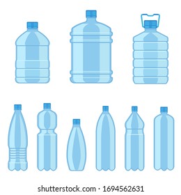 Plastic water bottles. Flat containers different capacities for liquids, beverages advertisement service delivery water bottled mockup vector set