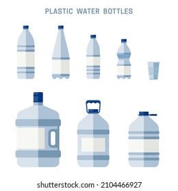 Plastic water bottles flat icons. Plastic containers for clean drinking water.