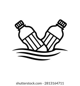 Plastic water bottles polluting ocean waves line art illustration with pollution environment environmental protection
