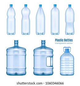 Plastic water bottles realistic set of large containers for cooler and small tare for retail sale isolated vector illustration 