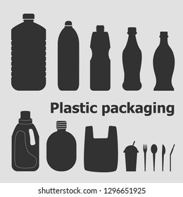 Plastic water bottles set of containers for cooler and small tare for retail sale, spoon, cup, knife, fork, bag isolated vector illustration. Plastic packaging. Stop plastic pollution.