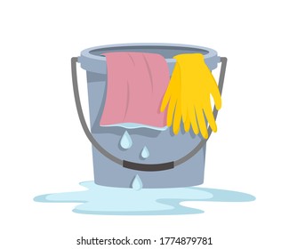Plastic water bucket and pink cloth  with yellow rubber gloves isolated on white background. Icon vector illustration.
