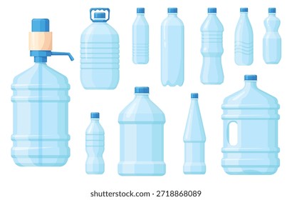 Recipientes de agua de plástico. Botellas vacías, galón de almacenamiento de bebidas de bebidas Pequeño gran volumen botella mineral forma contenedor con bomba de plástico, Ilustración vectorial de dibujos animados