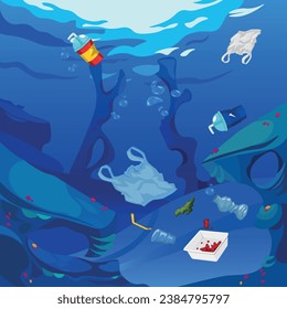 Verschmutzung durch Plastikwasser. Plastik im Wasser und viel Müll. die Plastikverschmutzung zu stoppen. Meerblick, Korallen. Vektorgrafik