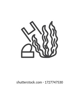 Symbol für die Plastikwasserverschmutzung. Linearzeichen für mobiles Konzept und Webdesign. Ozeanalgen und Plastikmüll bilden das Vektorsymbol. Symbol, Logo-Abbildung. Vektorgrafik