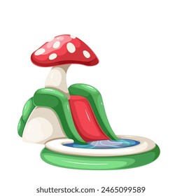 Plastic water slide for baby kids in aqua park with cartoon mushroom. Cute toy fly agaric with red chute leading into round pool, playground mascot, cartoon waterpark slide vector illustration