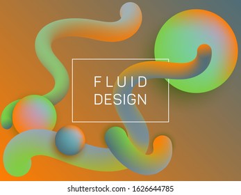Plastic wavy fluid and spherical gradient shapes presentation cover. 3d motion concept background, bubbles and curve shapes flow. Gradient fluid elements future design. Chemical wallpaper.