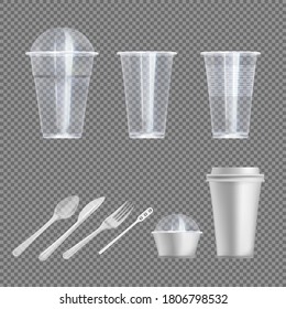 Plastic wear. Spoon, fork and knife, glass for takeaway drink and snack with and without lids picnic kitchenware illustration. Realistic crockery and kitchen ware isolated vector set on transparent